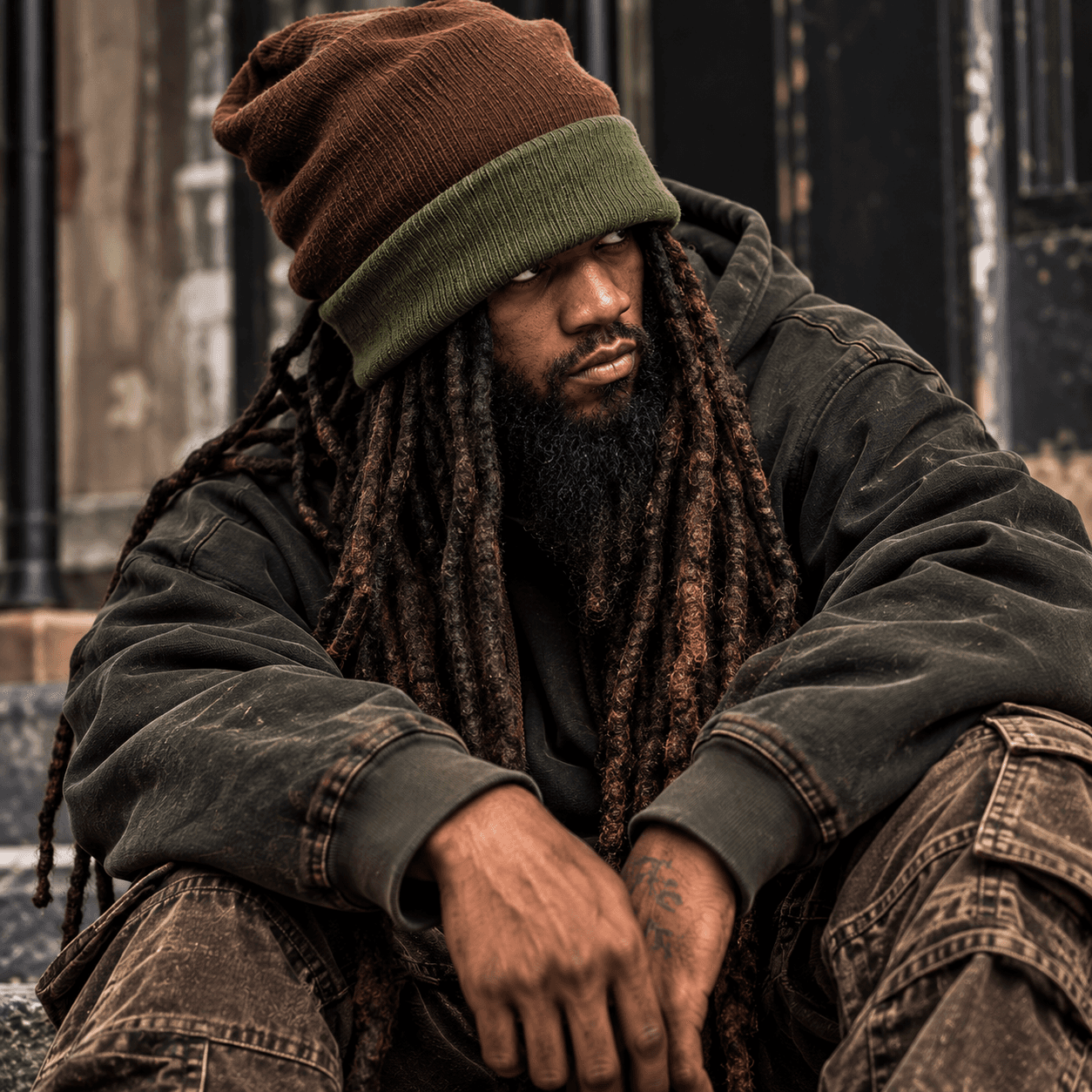 Loospain wearing a knit hat, with long dreadlocks